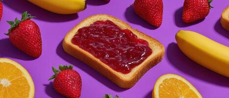 Vibrant breakfast spread with jam and fresh fruits colorful layout indoor setting creative concept photo