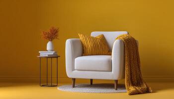 Cozy reading nook with sleek armchair and decor accents in stylish yellow setting photo