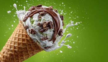 Delicious melting ice cream cone outdoor setting food photography playful environment close-up view photo