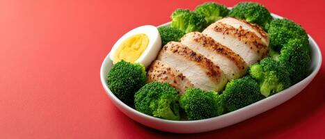 Healthy meal preparation tender boiled chicken breast with broccoli flatlay image vibrant red background photo
