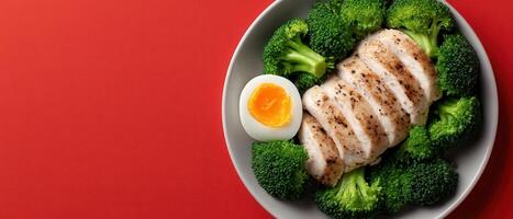 Tender boiled chicken breast with broccoli flatlay image bright red background healthy eating concept photo