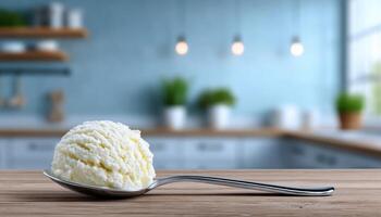 Delicious ice cream scoop on a spoon in a cozy kitchen setting minimalist style photo
