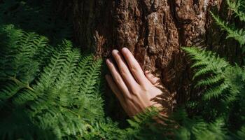 Gentle touch of nature hand against tree bark lush forest digital photography tranquil environment close-up perspective photo