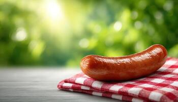 Artistic sausage on a stick outdoor setting food photography natural light close-up view photo