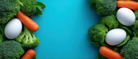 Colorful fresh broccoli carrots and eggs arrangement on bright blue background photo