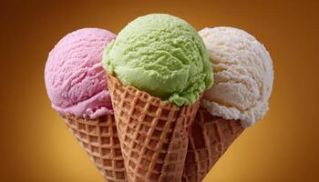 Delicious three-scoop ice cream cones vibrant background food photography colorful environment close-up view photo