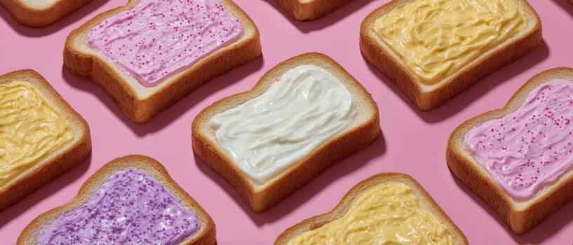 Colorful artistic arrangement of slices of bread with frosting studio food photography vibrant background photo