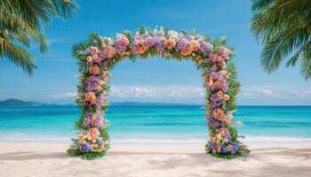 Enchanting beach wedding setup with floral arch at tropical paradise event photography serene atmosphere photo