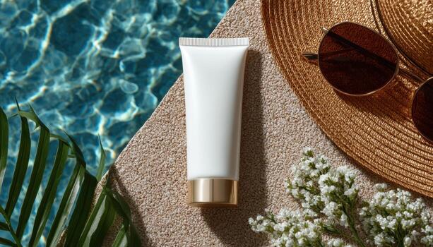 Elegant cream tube by poolside summer vibes product showcase relaxing environment top-down view photo