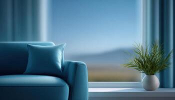 Minimalist living room with blue couch and scenic view modern interior design tranquil atmosphere photo