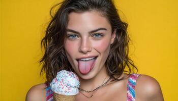 Enjoying colorful ice cream delight bright yellow background portrait fun atmosphere close-up perspective photo