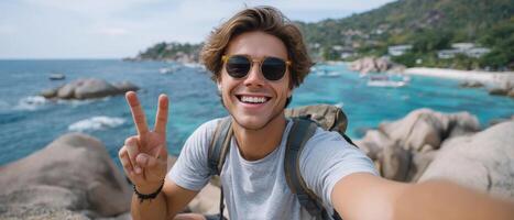 Adventurous young man taking a selfie on a beach rock tropical coastline outdoor lifestyle joyful vibe photo