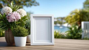 Chic white frame display on sunlit patio with lush greenery serene outdoor environment photographic setup photo