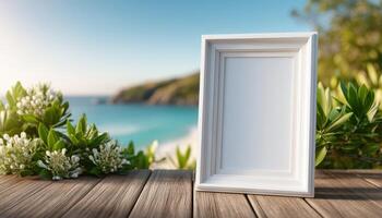 Blank white frame on wooden deck beach background photography relaxing environment close-up view minimalist concept photo