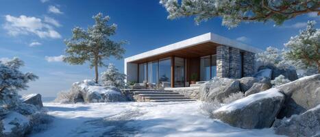 Cozy modern house rendering in snowy landscape winter architecture scenic viewpoint photo