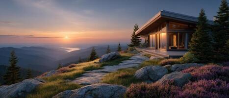 Modern cozy house with panoramic view at sunset mountain landscape digital art rendering photo