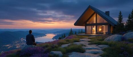 Cozy modern house with panoramic views at sunset mountain landscape digital art tranquil environment photo