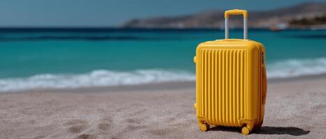 Sunny beach adventure bright yellow suitcase on sandy shore travel nature relaxing view photo