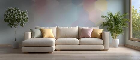 Cozy living room scene featuring a beige sectional sofa with decorative pillows bright and inviting ambiance photo