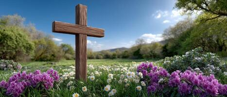 Peaceful meadow with a wooden cross nature scene sunlight filtering through flowers photo