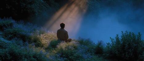 Meditative silhouette in nature evening light serene landscape tranquil environment reflective viewpoint photo