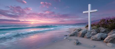 Minimalist cross at sunrise on serene beach landscape photography peaceful environment photo