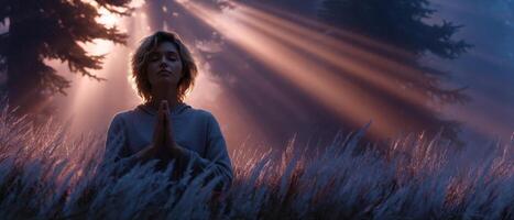 Praying silhouette in serene forest nature scene dreamy light rays peaceful atmosphere photo