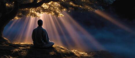 Serene prayer silhouette under a tree nature scene tranquil environment meditative viewpoint photo