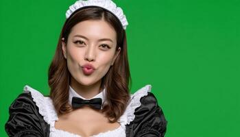 Stylish asian woman in modern maid outfit posing with playful expression studio fashion photography green screen photo