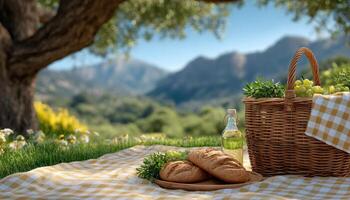 Charming picnic scene with fresh bread and grapes scenic mountain background outdoor lifestyle natural setting photo