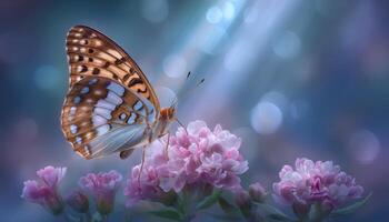 Butterfly resting on blooming flower nature macro photography soft light serenity photo