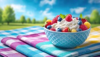 Picnic with colorful mellow bowl outdoor park food scene bright day joyful atmosphere photo