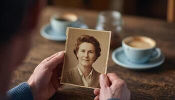 Nostalgic moment hand holding a faded photograph coffee shop close-up warm atmosphere personal reflection photo