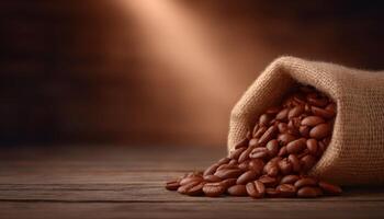 Freshly ground coffee beans spilling from burlap sack rustic setting close-up shot natural light photo