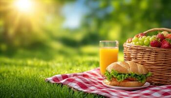 Relaxing picnic setup on a checkered blanket in a lush green park outdoor lifestyle daylight photo