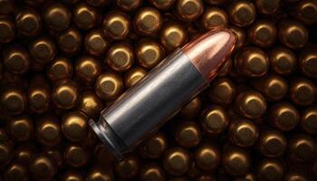 Macro shot of a single bullet amongst high fidelity ammo studio environment detailed focus photo