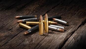Dramatic shot of various bullets on wooden surface close-up industrial art textured background photo