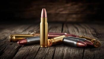 Dramatic shot of various bullets on rustic wooden surface still life photography industrial environment photo
