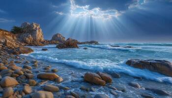 Sunlight over rocky coastline beach landscape scenic nature ocean view radiant environment photo