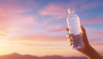 Clutching a water bottle at sunset outdoor setting photography silhouette view hydration concept photo