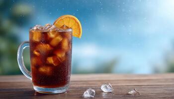 Refreshing iced cold brew coffee on a wooden table bright outdoor setting beverage photography photo