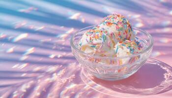 Melting ice cream delight vibrant bowl kitchen setting colorful environment captivating view sweet experience photo