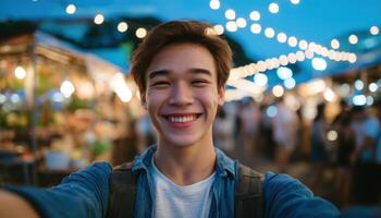 Young man laughing while taking selfie at bustling night market vibrant atmosphere joyful moment photo