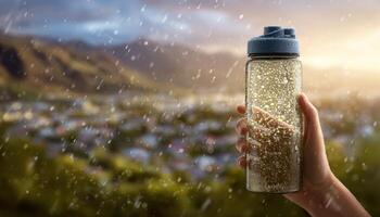 Elegant water bottle held in hand scenic landscape artistic shot nature close-up refreshment concept photo