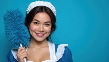 Charming maid outfit action indoor setting portrait photography vibrant environment smiling viewpoint photo