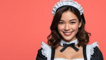 Playful maid outfit portrait studio setting lifestyle photo cheerful atmosphere front view charming concept
