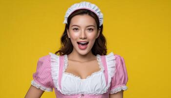 Playful maid costume portrait studio photography vibrant yellow background mid-action pose photo