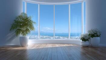 Serene living room with panoramic window coastal view interior design bright atmosphere photo