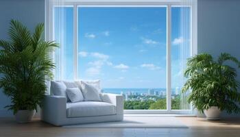 Airy living room with panoramic window coastal view interior design bright environment relaxing space photo