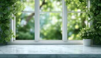 Sunlit kitchen window with greenery inviting atmosphere cozy home environment serene view photo
